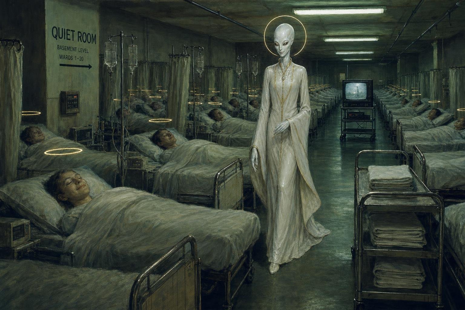 Rows of smiling sleepers with golden rings above their heads in a hospital basement