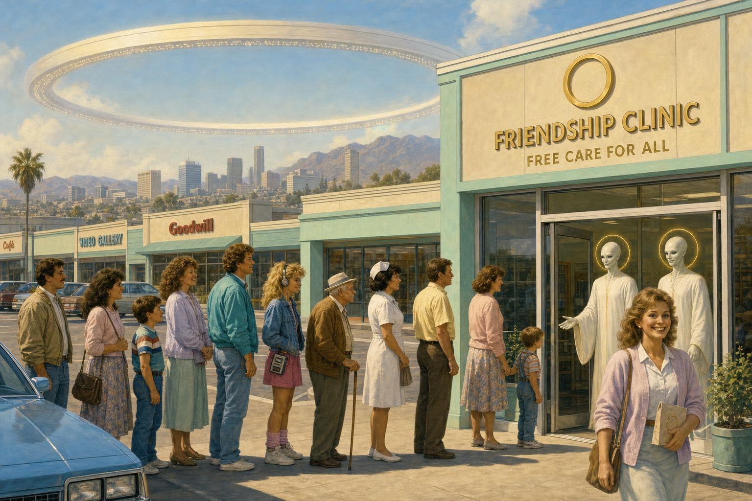 A pastel Friendship Clinic with a long, polite queue