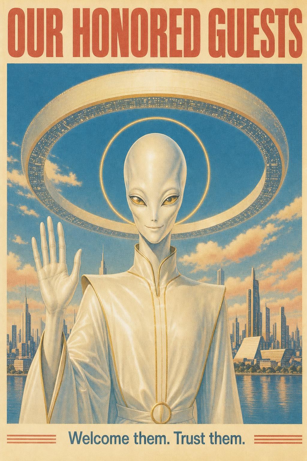 Regime poster of a smiling Guest with a golden halo