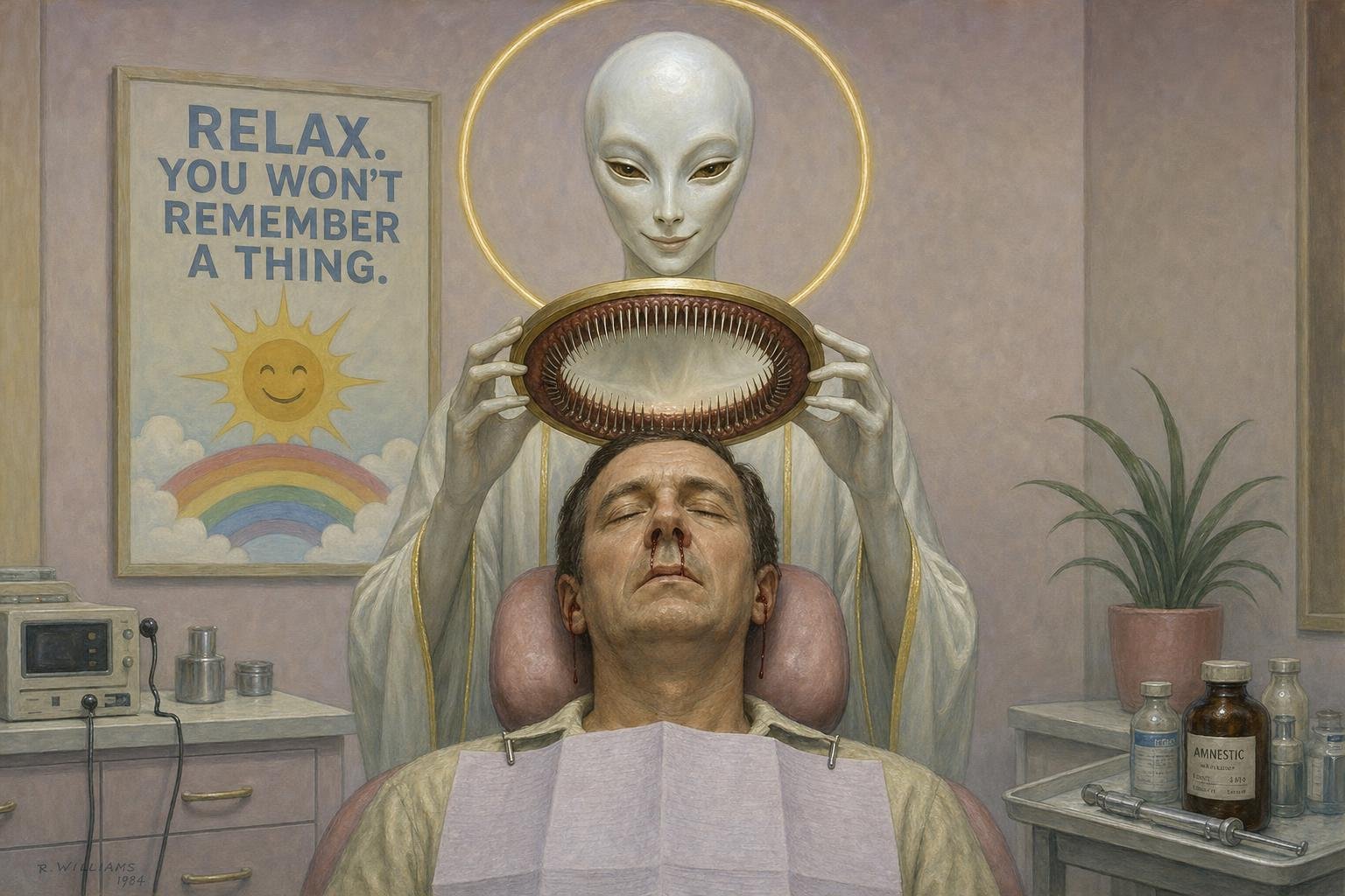 A patient asleep in a clinic chair while a Guest's halo opens into a mouth of teeth above his head