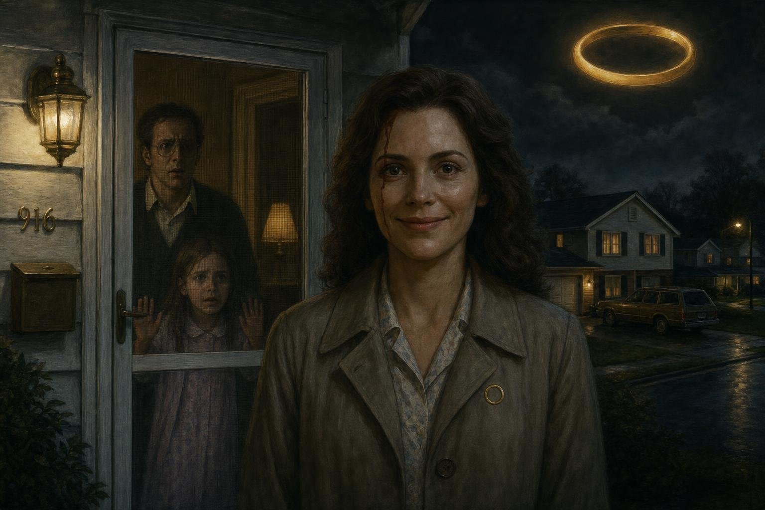 A smiling woman with empty eyes at her front door while her family stares