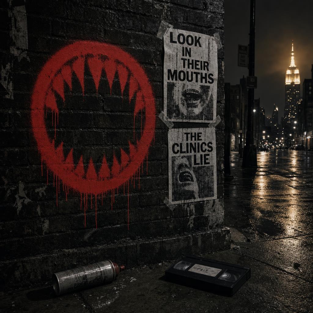 A red stencil of a ring of teeth beside flyers reading Look in their mouths