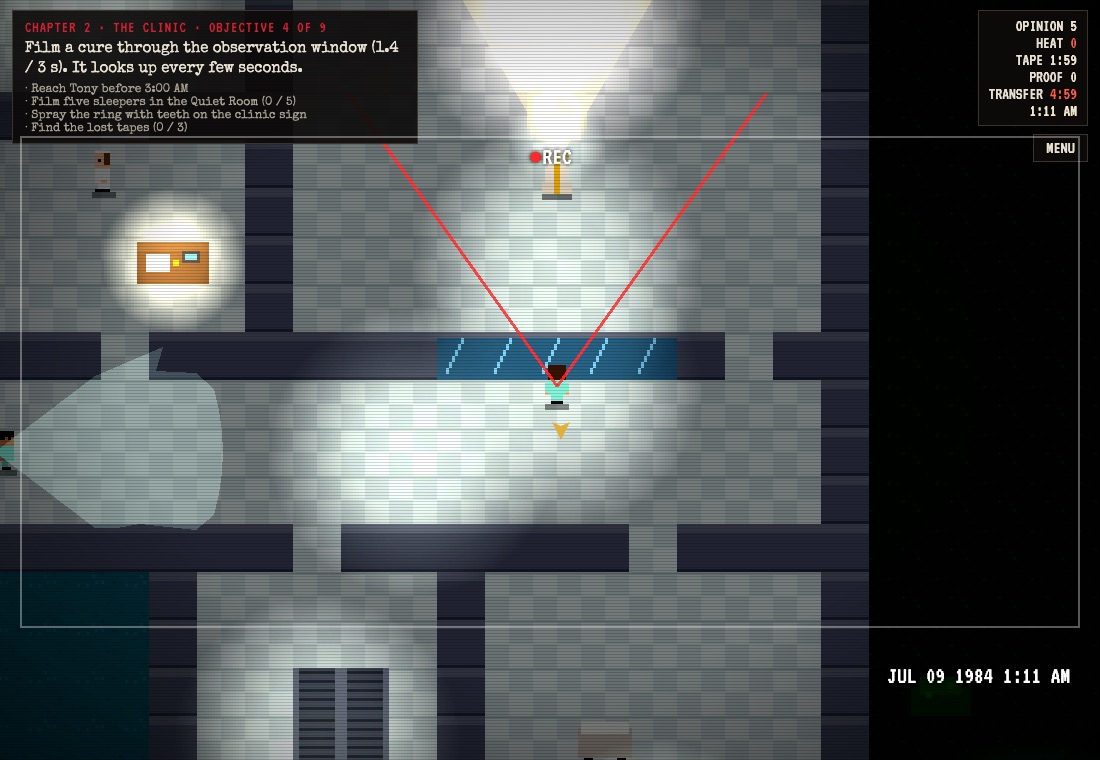 Gameplay: in orderly scrubs, the player films a Guest through a clinic observation window