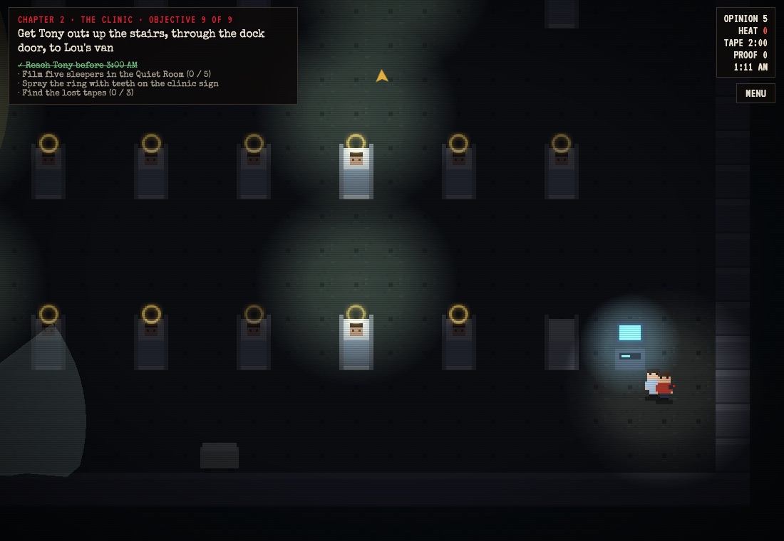 Gameplay: rows of sleepers with golden halos in a dark basement as the player leads Tony away