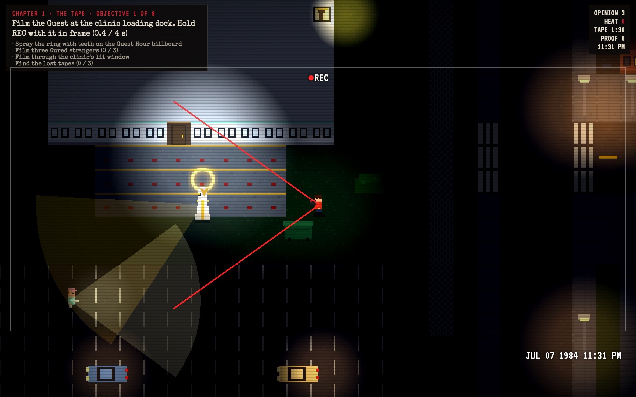 Gameplay: the player films a Guest with a glowing halo at the floodlit clinic loading dock