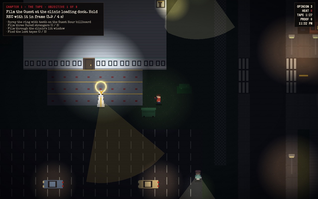 Gameplay: red alert vision cones close in on the player as a searchlight turns red