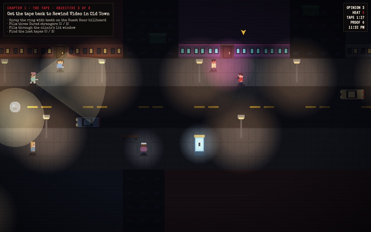 Gameplay: Old Town's main street at night with streetlights, a neon video store and a drone searchlight
