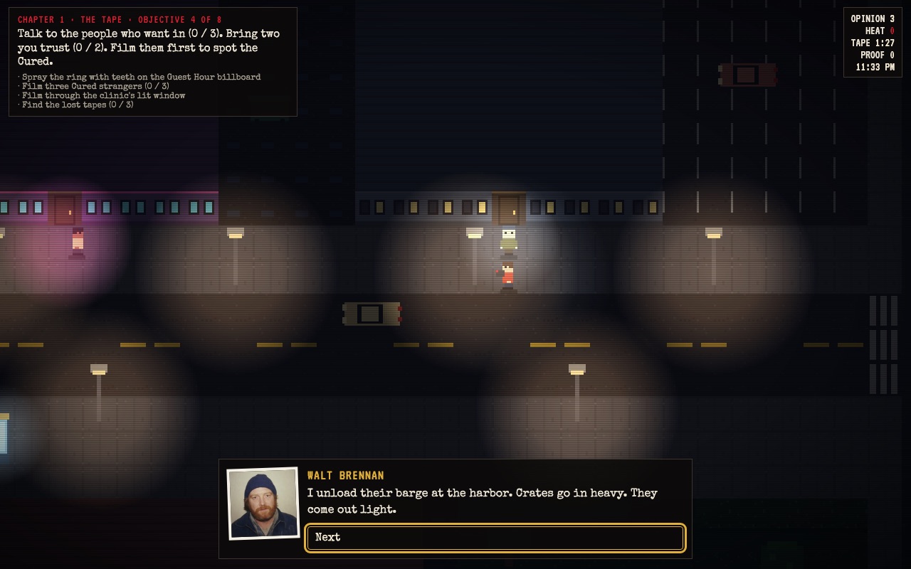 Gameplay: dialogue with a dock worker shown as a Polaroid portrait