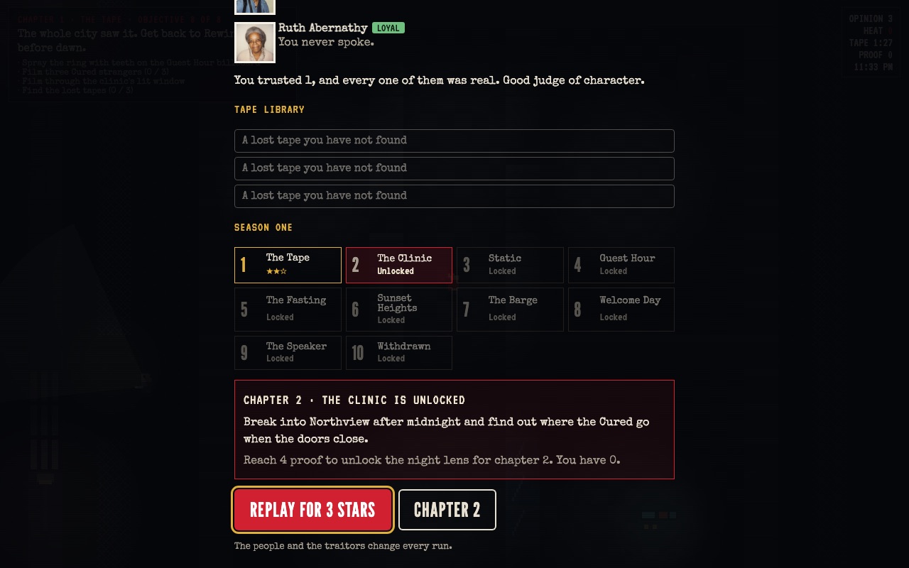 Gameplay: the end-of-chapter screen with stars, a tape library and a season map