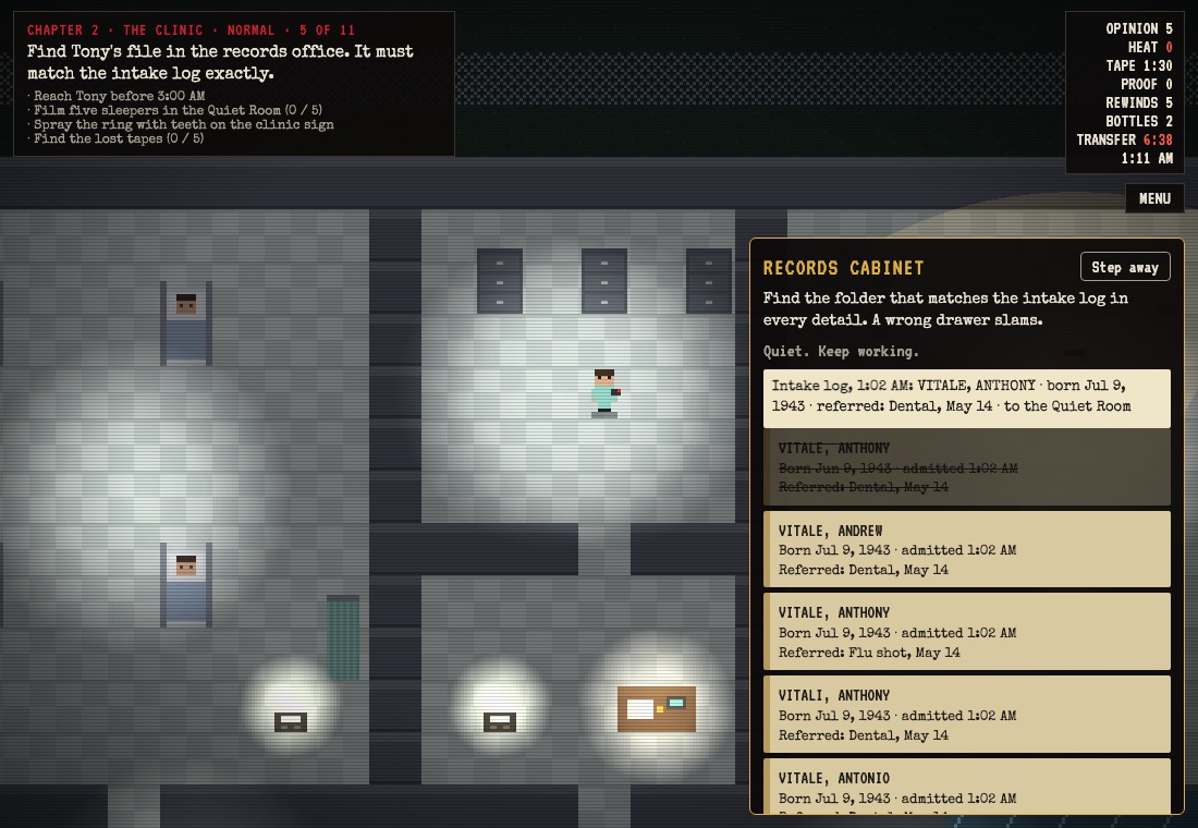 Gameplay: a records cabinet puzzle with look-alike patient folders next to the intake log